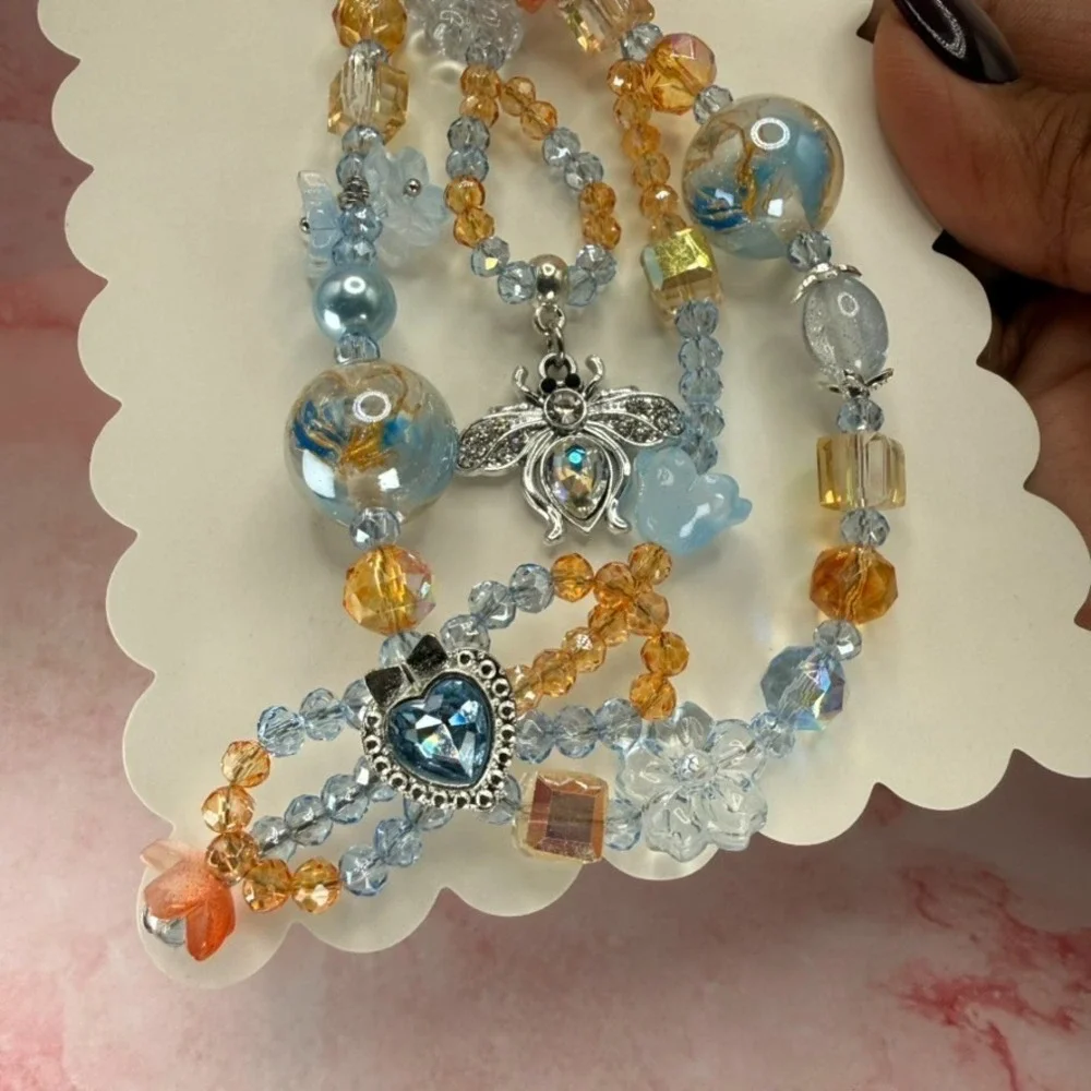 Bee Phone Wristlet Crystal Blue Beaded Heart Bow Bag Charm Keychain Handmade